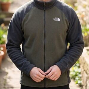 The North Face Mens Full Zip Fleece Jacket‎ Olive Green Charcoal Grey XL Raglan